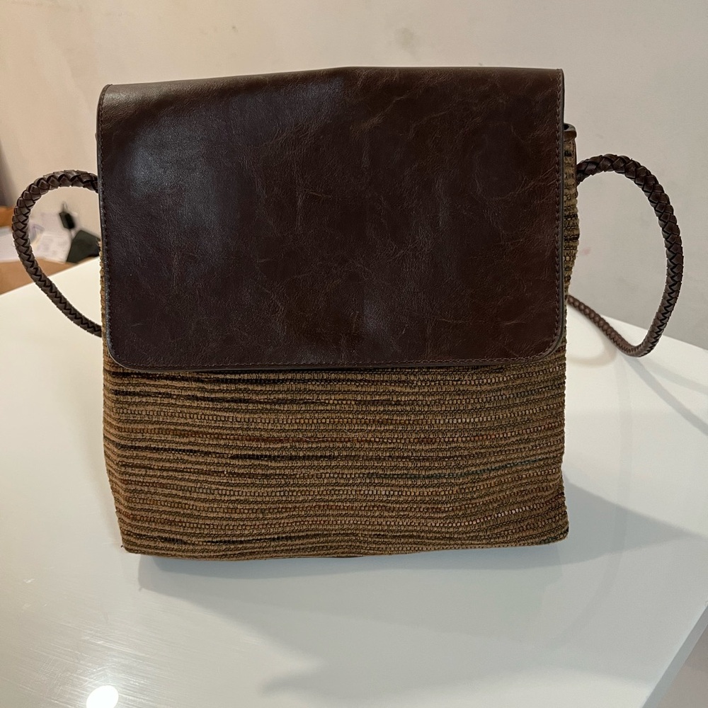 Brown Leather and Woven Tan Bag